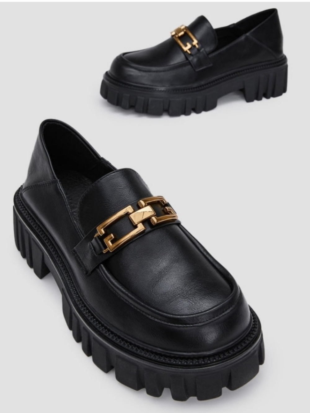 Black Leather Lug-Sole Loafers with Gold Chain Accent
